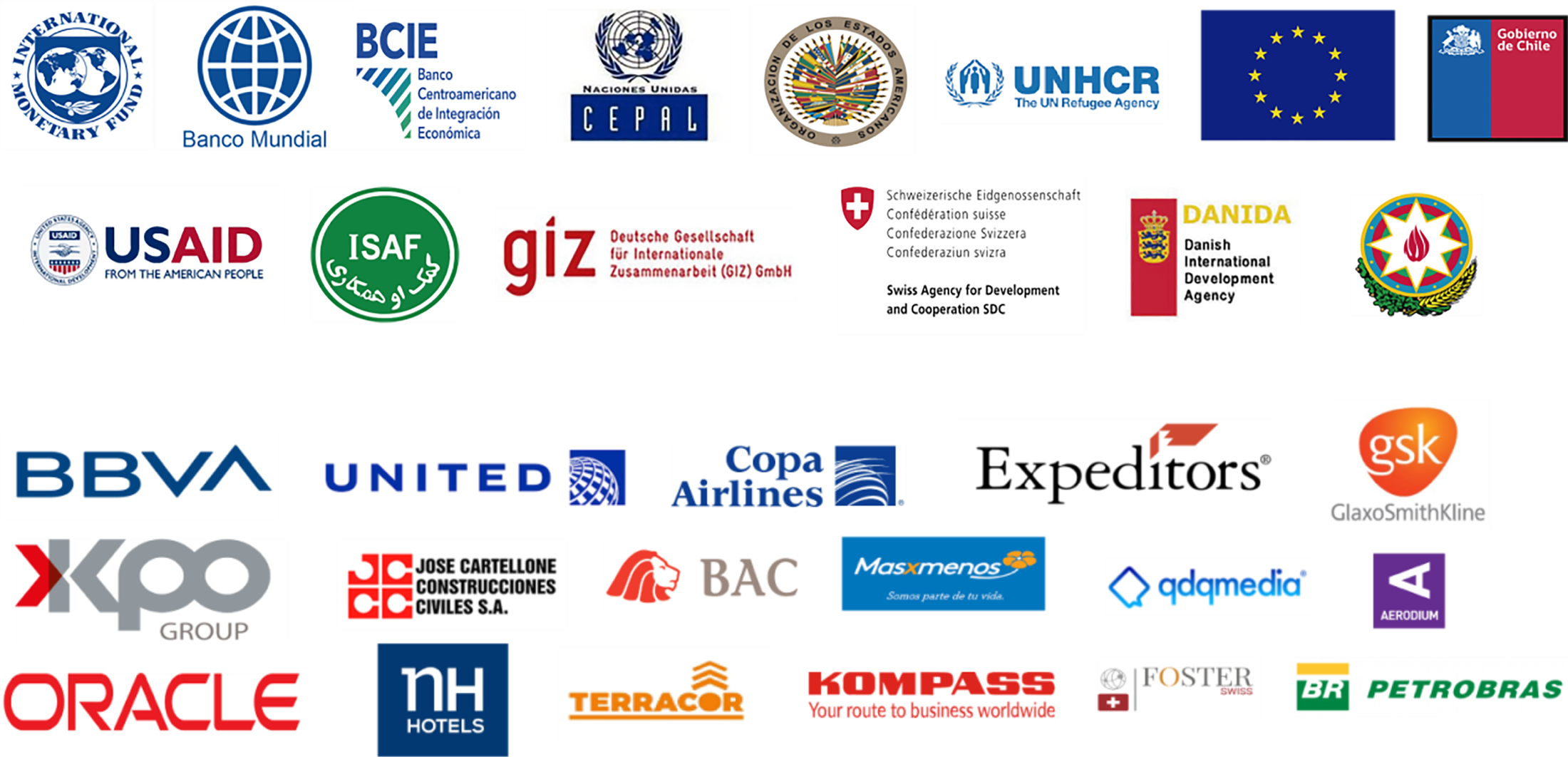 Mosaico de logotipos de organismos con los que CC&A StratEx ha trabajado: Banco Mundial, BID, CEPAL, OEA, USAID, Unión Europea, BCIE y otros